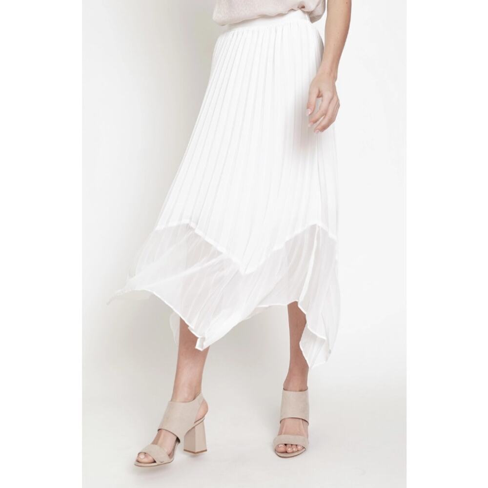 White Pleated Midi Skirt Asymmetrical Hem - Picture 5 of 8